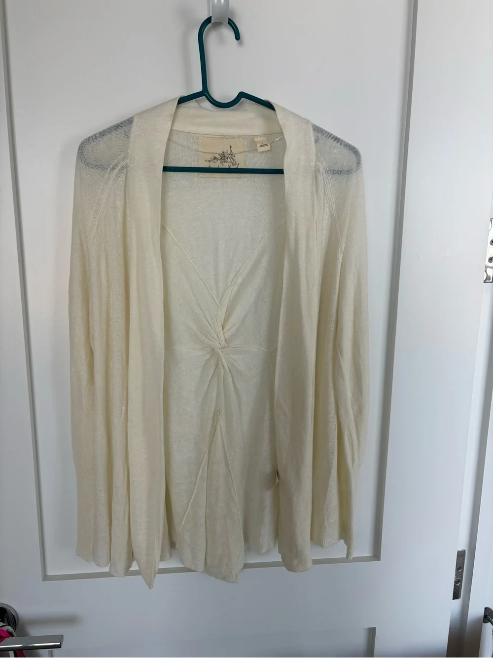 Anthropologie Angel of the North Ivory Linen Blend Open Cardigan Twist Back-S
